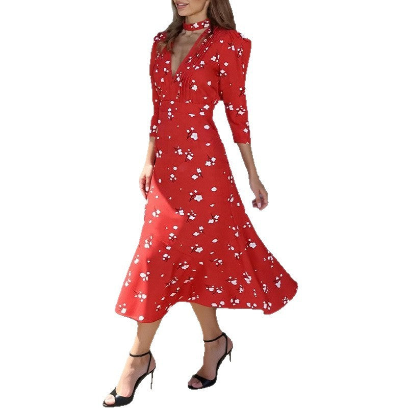 Female Casual Elegant French Style V-neck Printed Dress