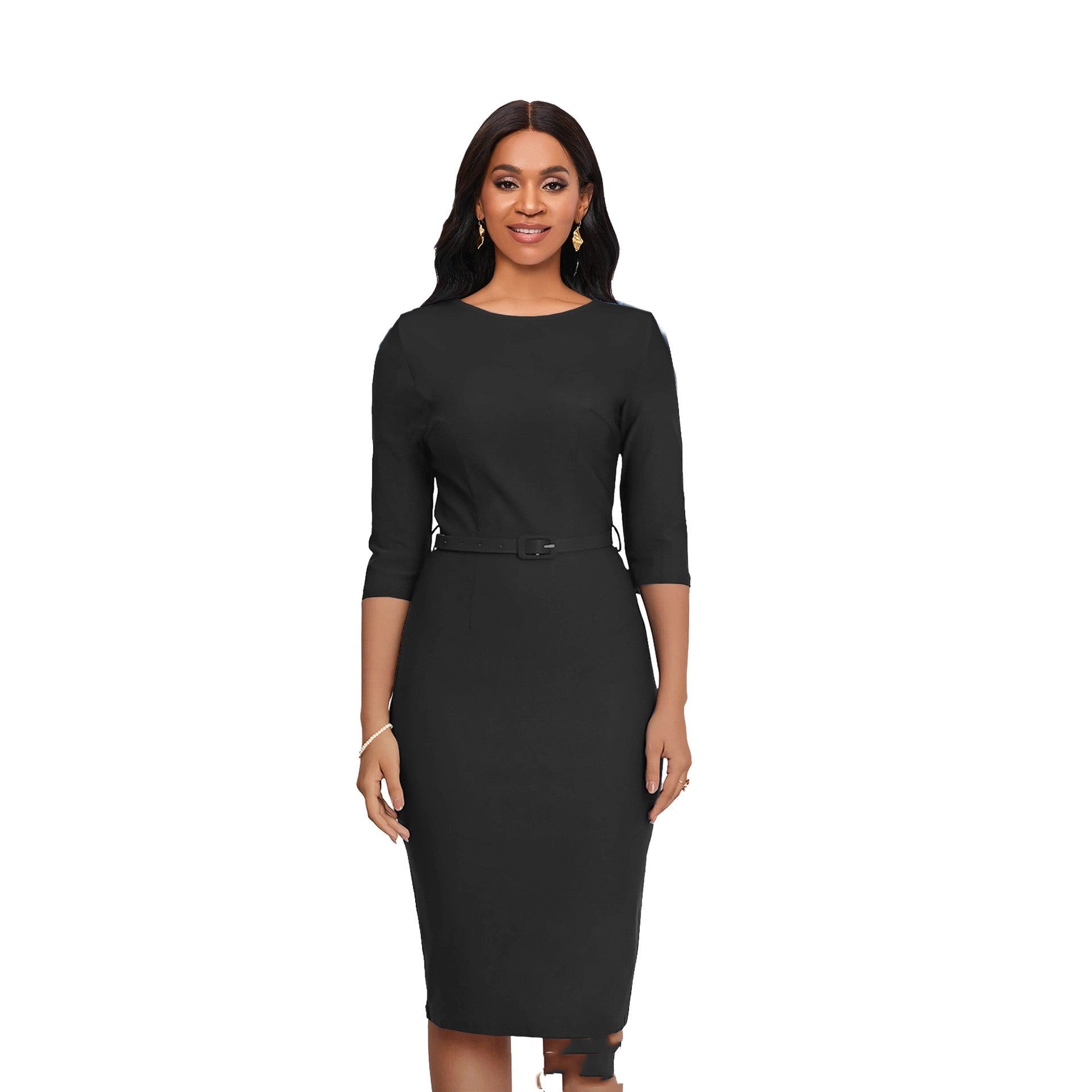 Round Neck Sheath And Fitted Waist Belt Slimming Dress