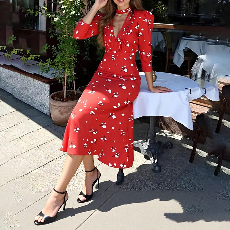 Female Casual Elegant French Style V-neck Printed Dress